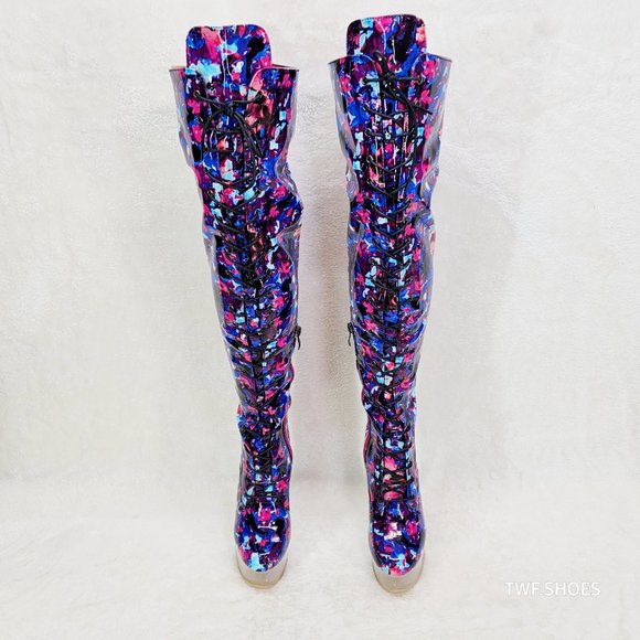 Bulls Cobalt Multi Color Print Patent OTK Clear Platform High Heel Thigh Boots - Picture 10 of 13